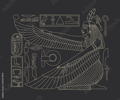 image of egyptian god in retro engraving style. tattoo sketch, print on a leaflet, design creation. cosmic elements of the sun and moon. Vector graphics