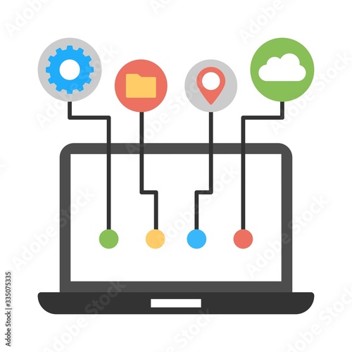 Laptop icon in flat style. Computer system, cloud, location and settings icon.
