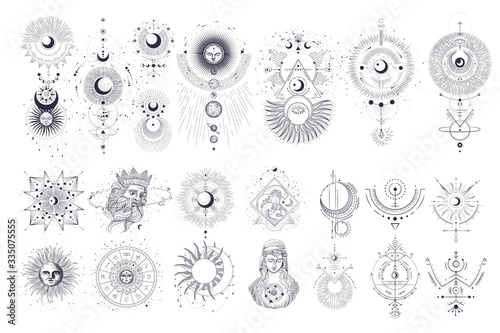 Vector illustration set of moon phases. Different stages of moonlight activity in vintage engraving style. Zodiac Signs