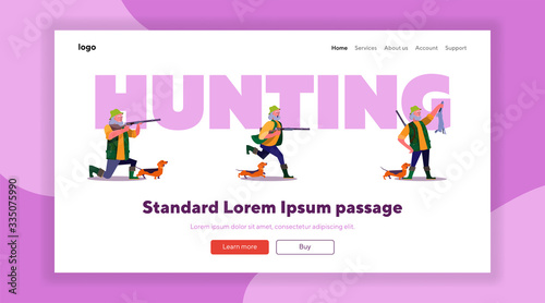 Hunter in forest set. Man with riffle and badger shooting, holding dead animal, autumn landscape. Flat vector illustrations. Hunting, leisure concept for banner, website design or landing web page