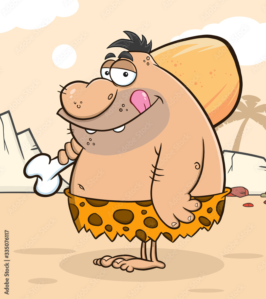 Obraz premium Fat Caveman Cartoon Character With Big Chicken Leg. Vector Illustration With Background