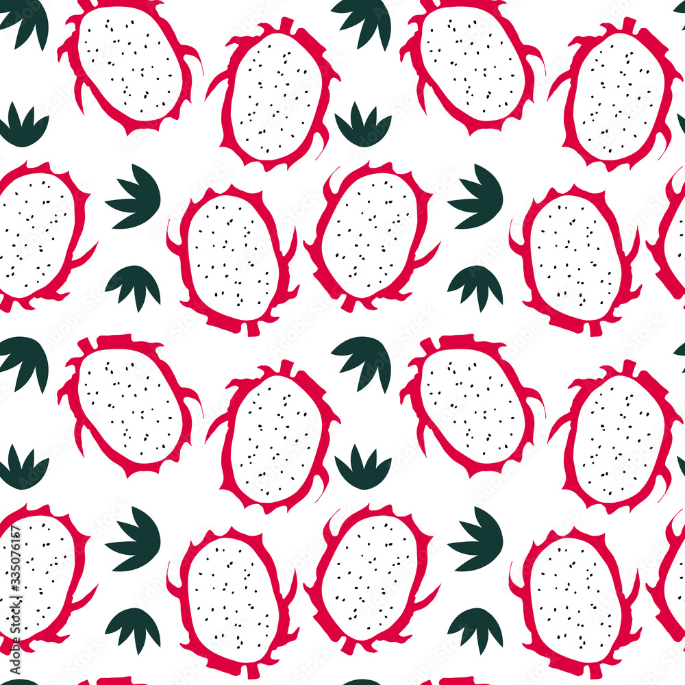 Seamless pattern with tropical dragon fruit and leaves. Summer print in doodle style. Seamless pattern with tropical dragon fruit and leaves. Summer print in doodle style.