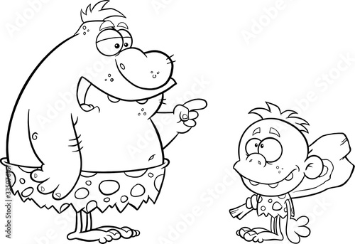 Black And White Caveman Father Talking To Caveman Boy. Vector Illustration Isolated On White Background