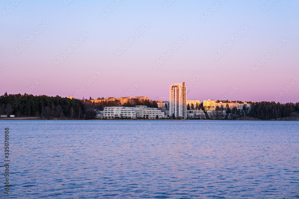 View to the Kivenlahti and Gulf of Finland in the evening, Espoo, Finland