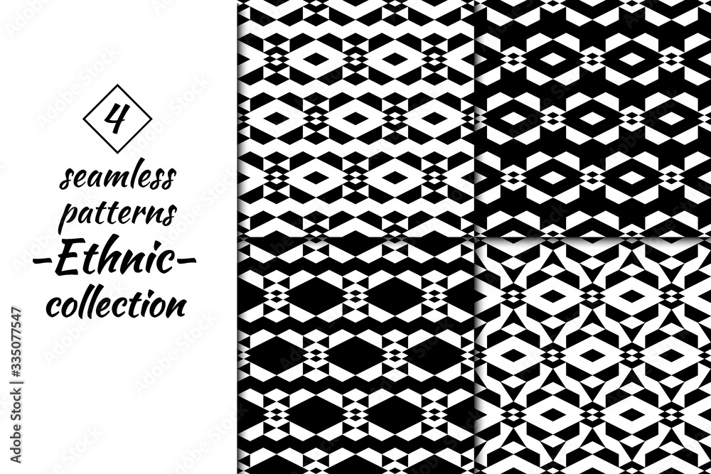 Rhombuses, figures seamless patterns collection. Diamond, shapes ornaments set. Folk backgrounds. Ethnic motif
