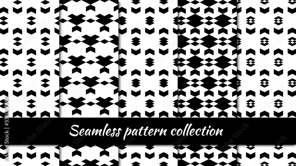 Rhombuses, diamonds chevrons seamless patterns collection. Ethnic, folk, tribal backgrounds set. Geometric ornaments