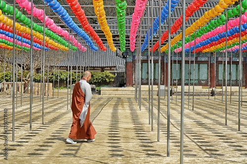 Monk in Songgwangsa zen buddhism temple located in South Jeolla Province on the Korean Peninsula. Founded in 867 it fell into disuse but was re-established in 1190 by Seon master Jinul. 04-08-2017 photo