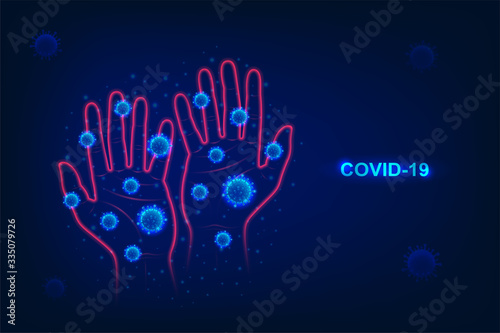 Hands with virus and coronavirus covid-19 outbreak for social distancing awareness and protecting alert against dangerous disease risk spread. Medical health concept with virus microscopic. Vector