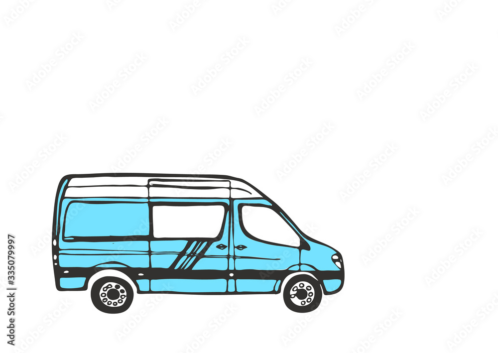 Blue and white van isolated on white background. Illustration. Blue and white van isolated on white background. Illustration.