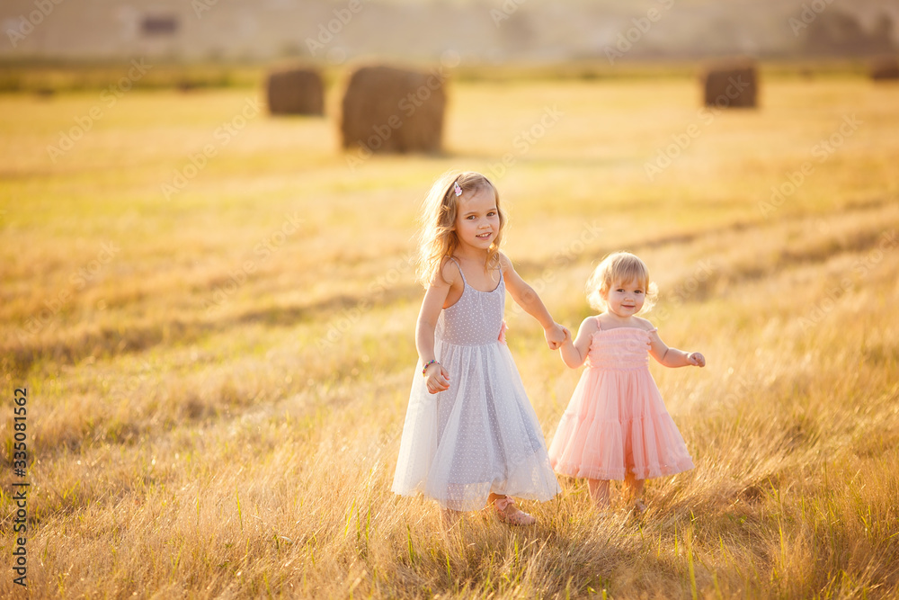 little girls holding hands stand on sloping field