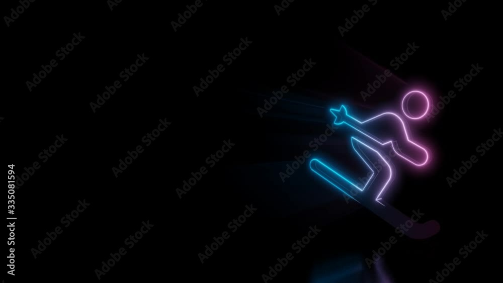 Abstract 3d rendering glowing blue purple neon symbol of skiing figure with glowing outlines with rays on black background with reflection