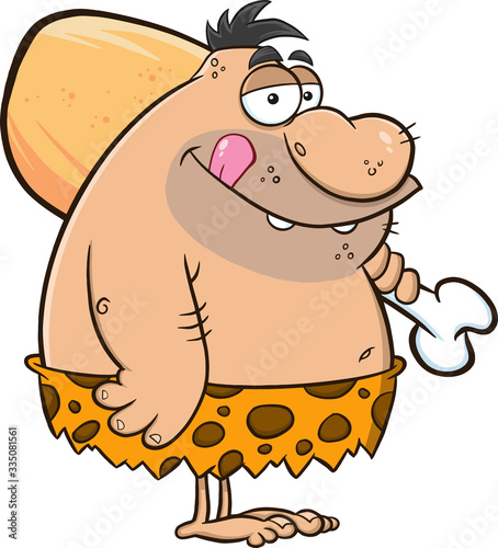 Fat Caveman Cartoon Character With Big Chicken Leg. Vector Illustration Isolated On White Background