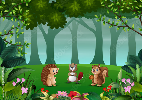 Illustration of various animals in the dark forest