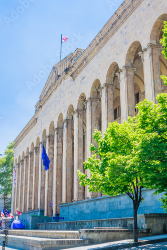  Parliament of Georgia, located in the capital Tbilisi. Old soviet style building with columns in Shota Rustaveli Avenue. photo