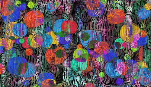 Vivid imprint of the paint blots concept in grunge style with coral seaweed in the ocean or tree branches.