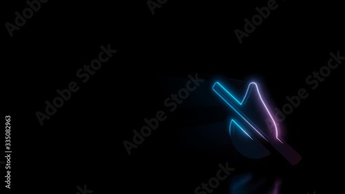 Abstract 3d rendering glowing blue purple neon symbol of drop slash with glowing outlines with rays on black background with reflection