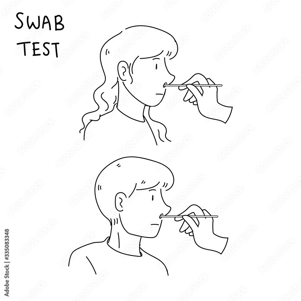 Taking DNA, flu, throat and covid-19 swab test doodle art. Hand holding swab stick. Woman and man collect testing sample at nose.