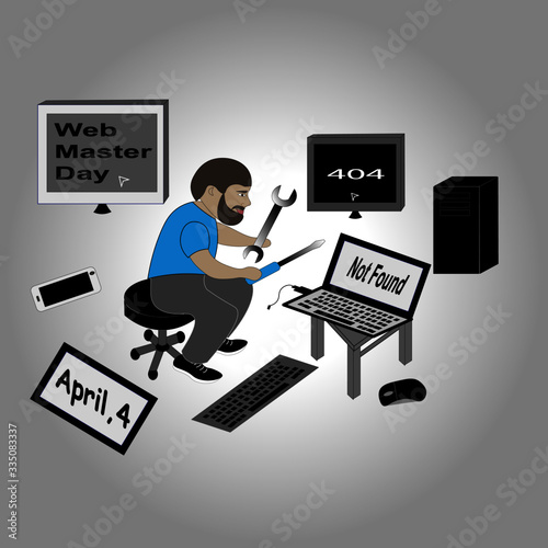 Web Master Day greeting card. We see web master with tools surounded by computers.