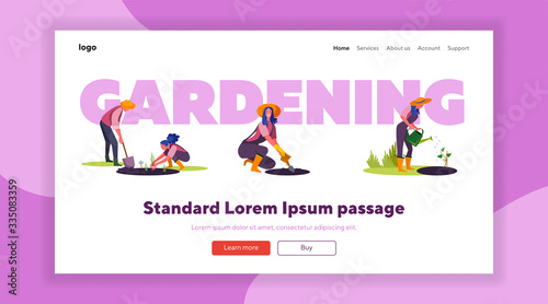 Couple of gardeners set. Man and woman growing plants, gathering harvest, suburb house . Flat vector illustrations. Country, lifestyle concept for banner, website design or landing web page