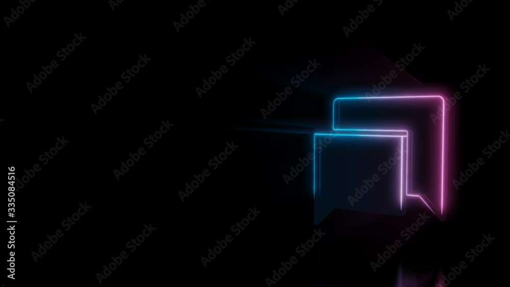 Abstract 3d rendering glowing blue purple neon symbol of two rectangular chat bubbles with glowing outlines with rays on black background with reflection Abstract 3d rendering glowing blue purple neon symbol of two rectangular chat bubbles with glowing outlines with rays on black background with reflection
