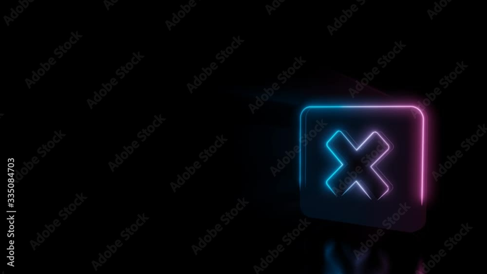 Abstract 3d rendering glowing blue purple neon symbol of cancel cross in rounded rectangle with glowing outlines with rays on black background with reflection Abstract 3d rendering glowing blue purple neon symbol of cancel cross in rounded rectangle with glowing outlines with rays on black background with reflection