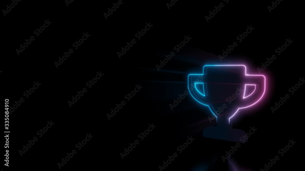 Abstract 3d rendering glowing blue purple neon symbol of winner cup with glowing outlines with rays on black background with reflection Abstract 3d rendering glowing blue purple neon symbol of winner cup with glowing outlines with rays on black background with reflection