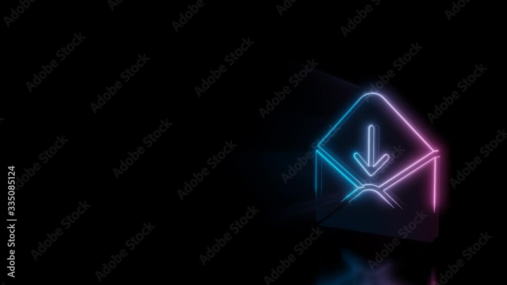 Abstract 3d rendering glowing blue purple neon symbol of paper open envelope with down arrow with glowing outlines with rays on black background with reflection Abstract 3d rendering glowing blue purple neon symbol of paper open envelope with down arrow with glowing outlines with rays on black background with reflection
