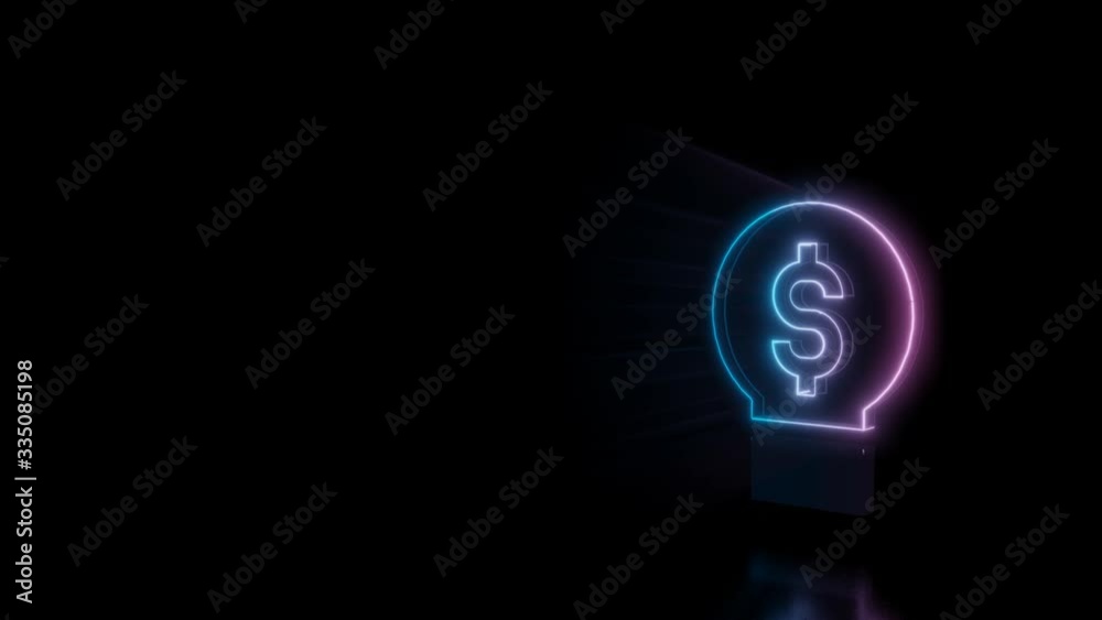 Abstract 3d rendering glowing blue purple neon symbol of bulb with dollar symbol inside with glowing outlines with rays on black background with reflection Abstract 3d rendering glowing blue purple neon symbol of bulb with dollar symbol inside with glowing outlines with rays on black background with reflection