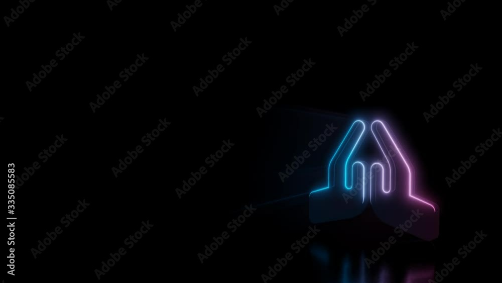 Abstract 3d rendering glowing blue purple neon symbol of praying hands with glowing outlines with rays on black background with reflection Abstract 3d rendering glowing blue purple neon symbol of praying hands with glowing outlines with rays on black background with reflection