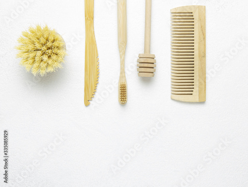 Zero waste eco friendly wooden bio tools for personal hygiene.Reuse concept.Top view.