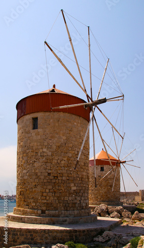 Windmills in Mandraki harbour, Rhodes, Greece