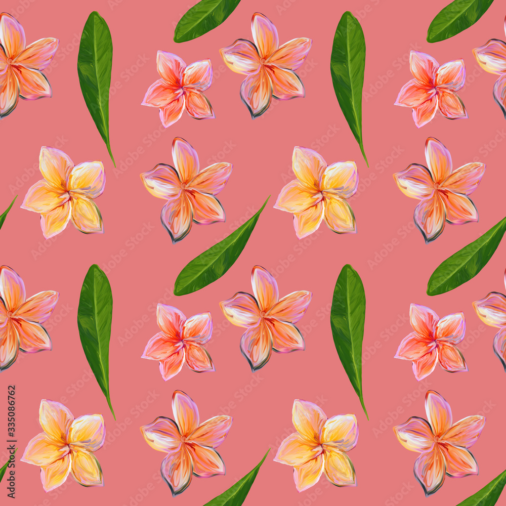 Frangipani Plumeria Tropical Flowers. Seamless Pattern Background. Tropical floral summer seamless pattern background with plumeria flowers with leaves