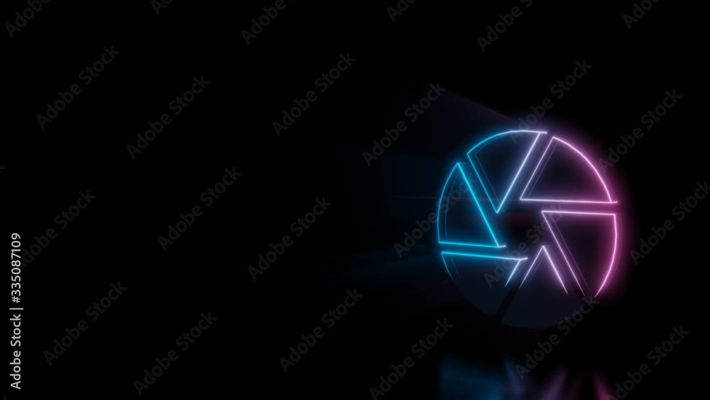 Abstract 3d rendering glowing blue purple neon symbol of camera aperture with glowing outlines with rays on black background with reflection Abstract 3d rendering glowing blue purple neon symbol of camera aperture with glowing outlines with rays on black background with reflection