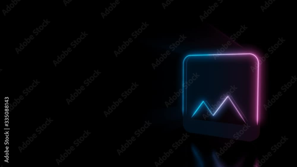 Abstract 3d rendering glowing blue purple neon symbol of image witm mountains in rounded square with glowing outlines with rays on black background with reflection Abstract 3d rendering glowing blue purple neon symbol of image witm mountains in rounded square with glowing outlines with rays on black background with reflection