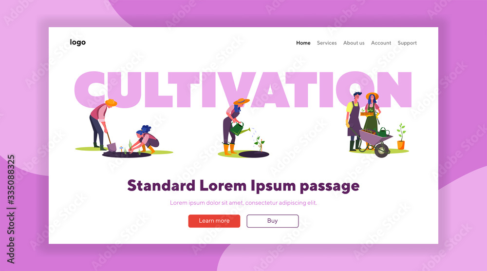 Gardening works set. Man and woman planting and watering seedlings, gathering harvest, mountain landscape . Flat vector illustrations. Gardeners concept for banner, website design or landing web page Gardening works set. Man and woman planting and watering seedlings, gathering harvest, mountain landscape . Flat vector illustrations. Gardeners concept for banner, website design or landing web page