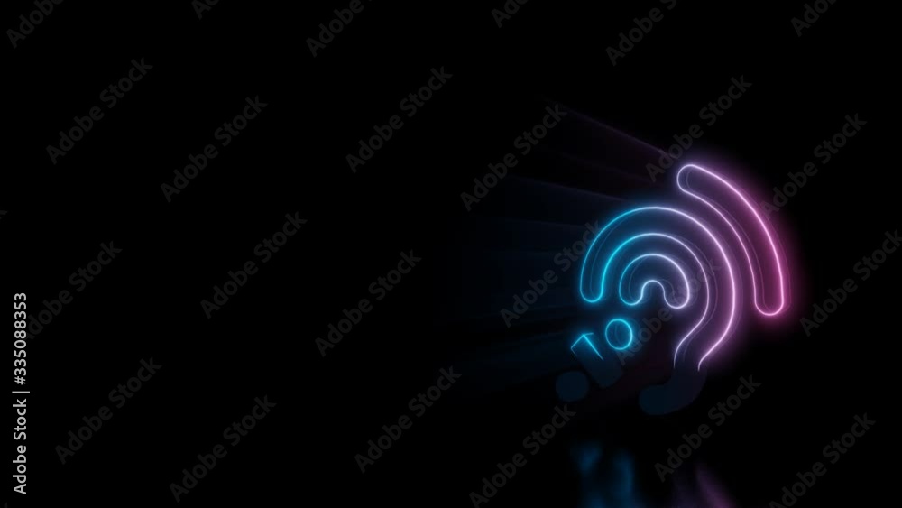 Abstract 3d rendering glowing blue purple neon symbol of assistive listening systems with ear and sound waves with glowing outlines with rays on black background with reflection