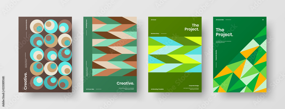 Company identity brochure template collection. Business presentation vector A4 vertical orientation front page mock up set. Corporate report cover abstract geometric illustration design layout bundle.