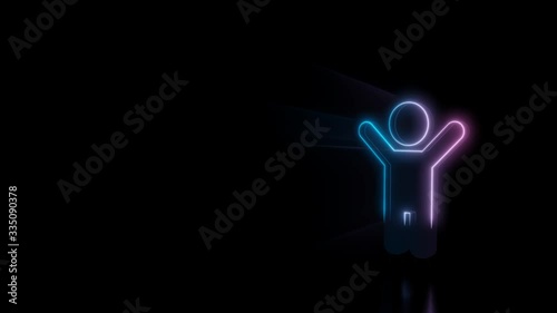 Abstract 3d rendering glowing blue purple neon symbol of child figure with hands up with glowing outlines with rays on black background with reflection