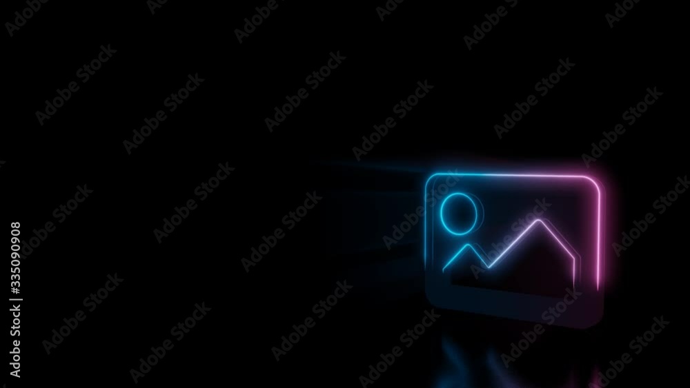 Abstract 3d rendering glowing blue purple neon symbol of picture with mountains and sun with glowing outlines with rays on black background with reflection Abstract 3d rendering glowing blue purple neon symbol of picture with mountains and sun with glowing outlines with rays on black background with reflection