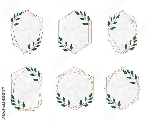 Gold geometric polygonal marble frames with botanical leaves. Luxury design elements for wedding invitation, blog posts, banner, celebration, card, save the date, poster, flyer	
