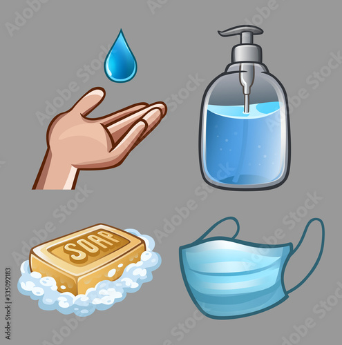 Hygiene products set with sanitizer and soap. Vector illustration