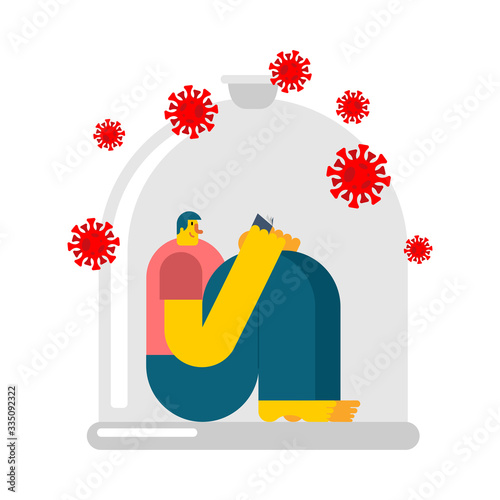 Man in Glass bell Isolation from coronavirus. Quarantine from virus. Pandemic.
