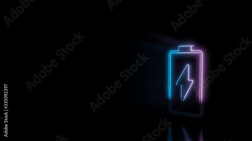 Abstract 3d rendering glowing blue purple neon vertical vertical symbol of charging empty battery with flash with glowing outlines with rays on black background with reflection