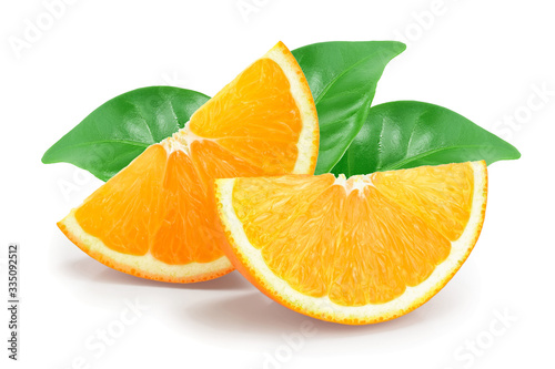 orange fruit slice with leaves isolated on white background
