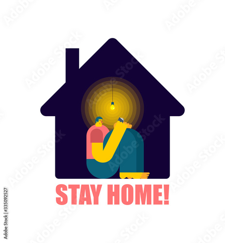 Stay at home. Man inside house. Coronavirus isolation mode. Quarantine from the virus. Pandemic.