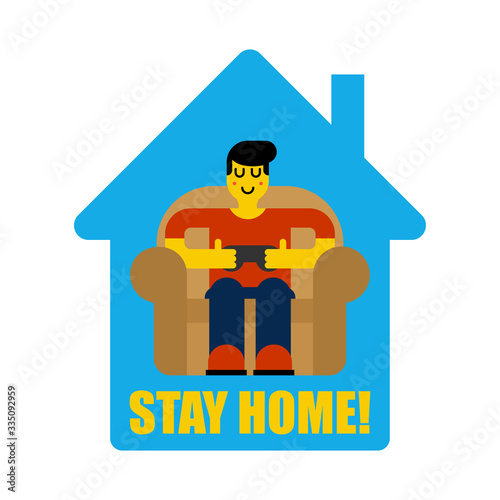Stay at home. Gamer playing at home. Coronavirus isolation mode. Quarantine from the virus. Pandemic.