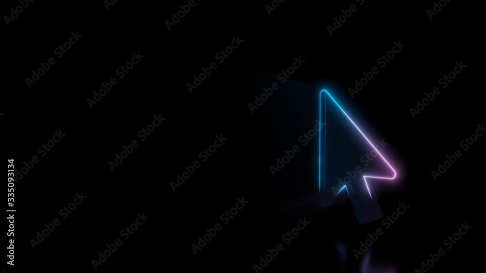 Abstract 3d rendering glowing blue purple neon symbol of mouse pointer arrow with glowing outlines with rays on black background with reflection Abstract 3d rendering glowing blue purple neon symbol of mouse pointer arrow with glowing outlines with rays on black background with reflection