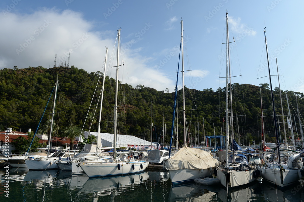 Yachts at the berth of the Netsel Marina yacht club in the center of the Turkish city of Marmaris