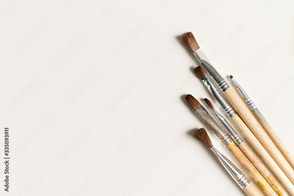 close-up of a paintbrush on a white background with space for writing. artist's composition close-up of a paintbrush on a white background with space for writing. artist's composition
