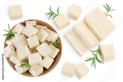 tofu cheese isolated on white background with clipping path and full depth of field, Top view with copy space for your text. Flat lay